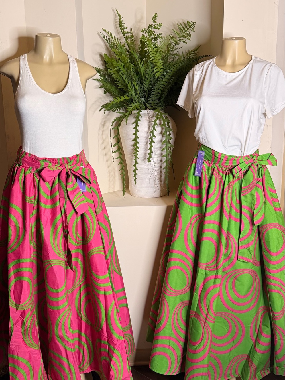 Maxi Circle-Print A-Line Skirt with Self-Tie Waist – Pink & Green